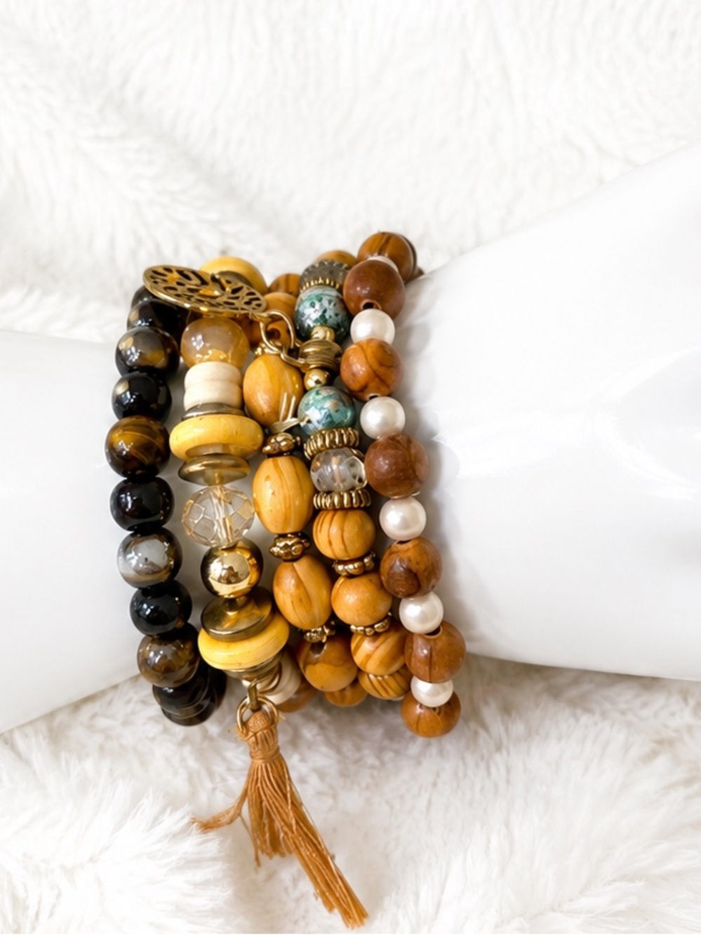 Boho Beaded Bracelet Stack 5 Pc Tan Brown Wood Stretch Layered Bracelet Set
